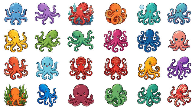 Colorful octopus drawing illustrations in various poses and vibrant hues on white background