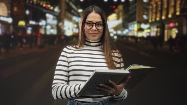 Woman writing in a notebook on a busy city street at night, holding an open book and pen while reading pages; quiet contemplation.