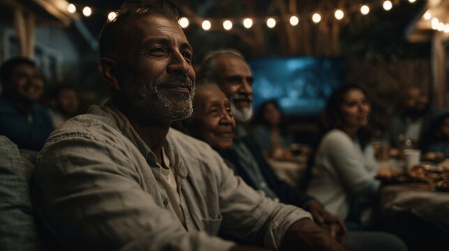 Group of diverse people watching outdoor movie night under string lights. Community gathering, entertainment, and social connection concept.