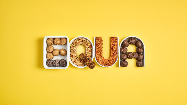 Granola clusters form the word EQUA on a bright yellow background for healthy eating.