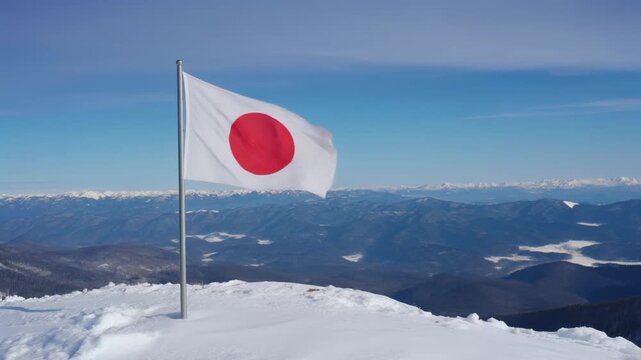 雪山山頂に立つ日本国旗と停滞する経済の象徴