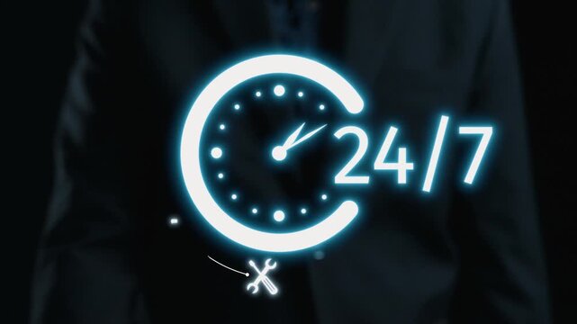Visual representation of 24 hour customer support featuring a clock icon surrounded by communication symbols on a dark background. Ideal for business and service concepts. Qubit