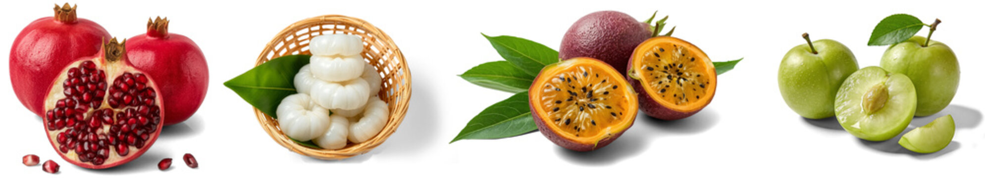 Composition of various fresh ripe fruits isolated on white background, high quality realistic Fruits PNG set and Transparent Background pomegranate, Ice Apple, Passiflora edulis, greengage.