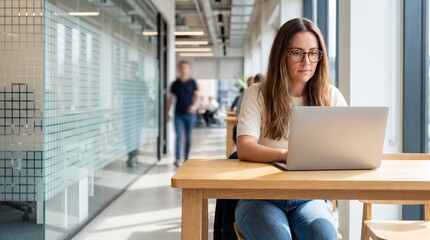 Obraz premium Young woman working on laptop at modern office table by window 