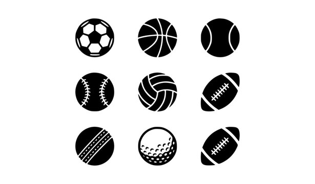 Sports balls icon set with football basketball tennis baseball and volleyball vector silhouette collection