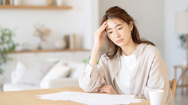書類を前に悩む女性と家計や支払いの不安イメージ
