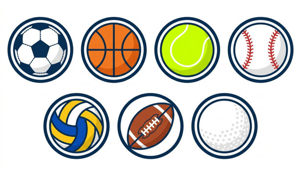Sports ball icon pack with football basketball tennis and baseball in circular frame vector set