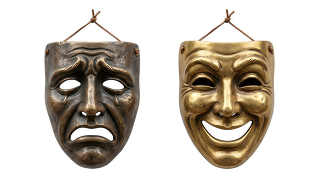 A traditional carved wooden mask of an ancient tribal god features an old brown face sculpture and hand-crafted Asian culture decoration isolated on a white background