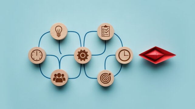 Business process management and strategy concept with connected icons and paper boat