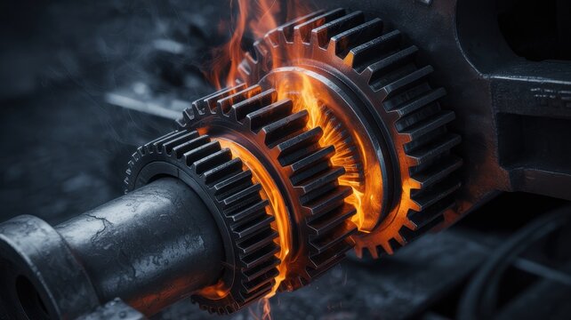 Industrial metal gears on fire with mechanical heat and friction