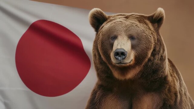 茶色のクマと日本国旗が寄り添う安心感のあるスタジオポートレート