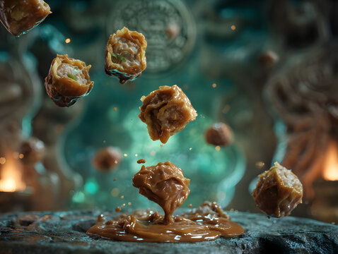 Floating Siomay Bandung Dumplings with Peanut Sauce in Surreal Indonesian Street Food Scene