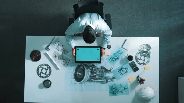 Top view of skilled engineer writing in paper while looking at tablet display green screen with turbine engine sketch design and metal gear and architectural equipment scatter around. Alimentation.
