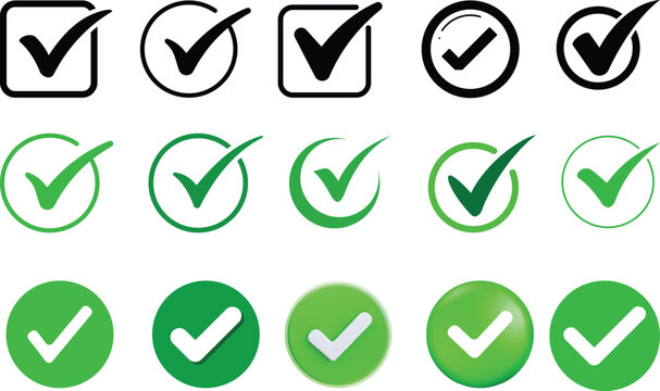 Set of check mark icons and symbols in black and green colors with checkmark approved selection validate verified agreement positive complete solution document interface.