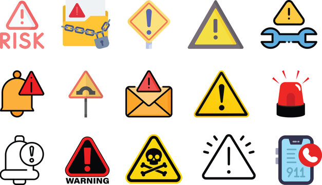 Collection of warning and alert signs icons set with warning triangle danger sign safety icon attention information emergency notification security triangle exclamation.