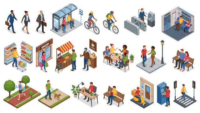 Isometric Urban Life Human Activity Vector Set with Commuting, Shopping, Socializing and Daily Routine Scenes &ndash; Isolated on White Background