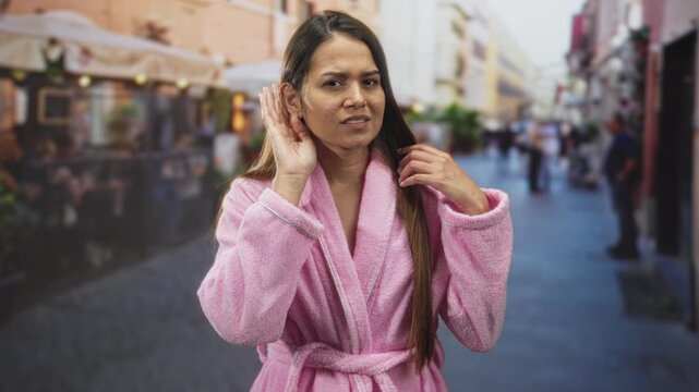 Woman in pink bathrobe cups ear with hand while looking puzzled and straining to listen amid a crowded street market with blurred people; confusion.