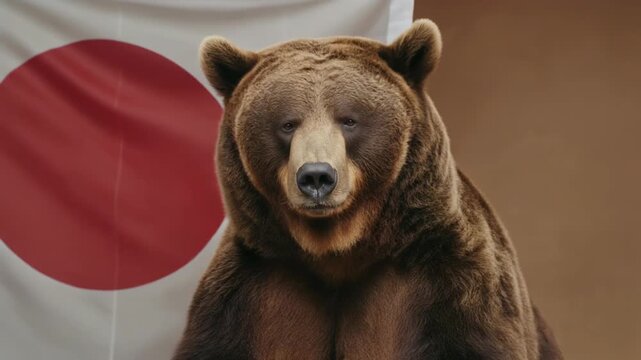 茶色のクマと日本国旗が寄り添う安心感のあるスタジオポートレート