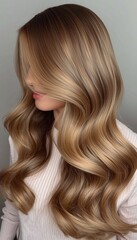 Naklejka premium Smooth, voluminous waves of shiny, light brown hair cascade over a woman's shoulder, styled flawlessly for a sleek, elegant look.