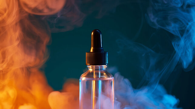 Dropper bottle stands vertically amidst swirling clouds of vibrant orange and blue neon.