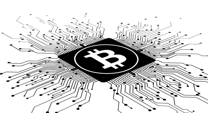 Bitcoin cryptocurrency logo on electronic circuit board background. Bitcoin mining, blockchain technology, and digital currency concept in black and white.