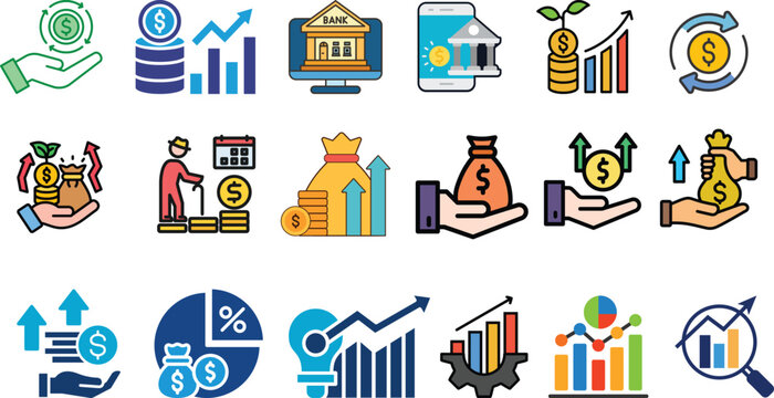 Financial growth and investment icons set with money bag pie chart bar chart flat design investment business currency analysis increase decrease transaction building.