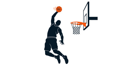 Basketball player dunking ball into hoop silhouette. Professional athlete performing slam dunk on backboard isolated on white background. © Hafiz