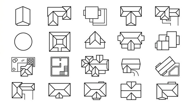 Collection of top view architectural roof designs and blueprints.