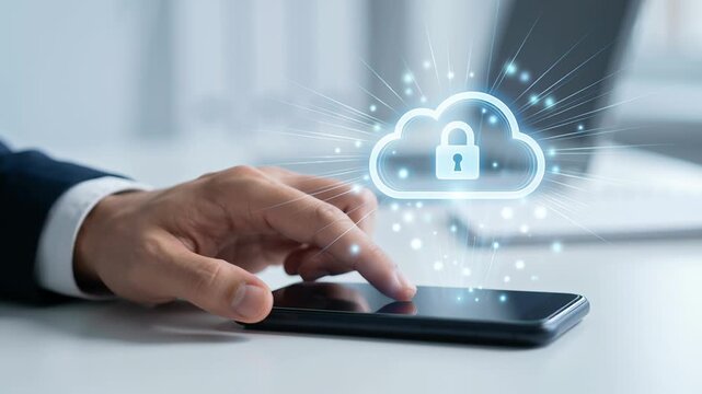 Mobile payment security platform protects transactions with cloud lock symbol on smartphone screen showing safe digital access in hand