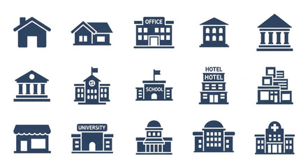 Collection of diverse building icons representing various institutions and businesses. © Sunu
