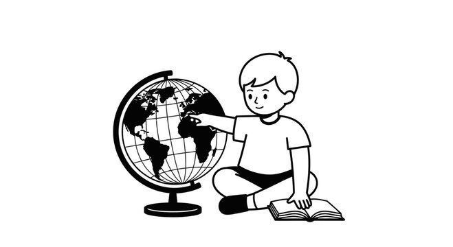 Boy studying geography with globe and book line art illustration.