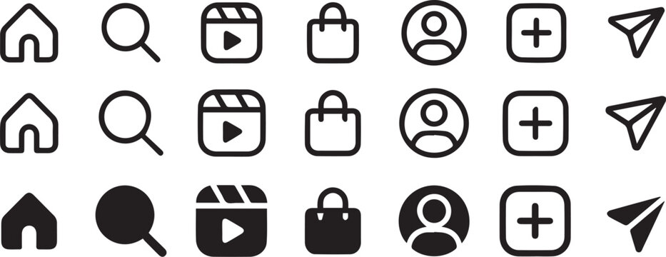 Assorted social media icons: house search reel shopping bag user plus paper plane with app icons magnifying glass video reel play button graphic design flat design icon set social networking