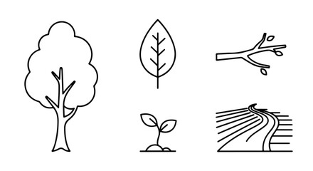 Obraz premium Set of nature-related line art icons depicting a tree, a leaf, a sprout, a branch, and a landscape of fields