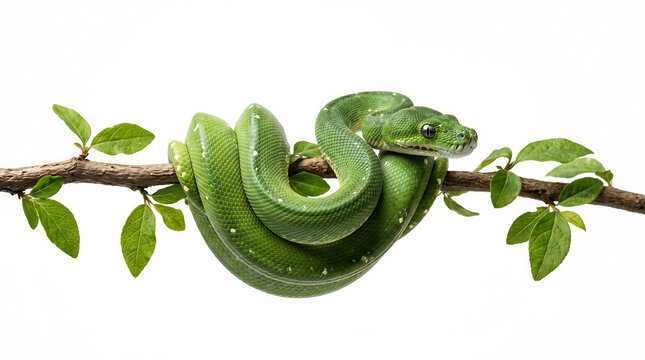 Green tree python snake coiled on a branch with leaves isolated on white background.