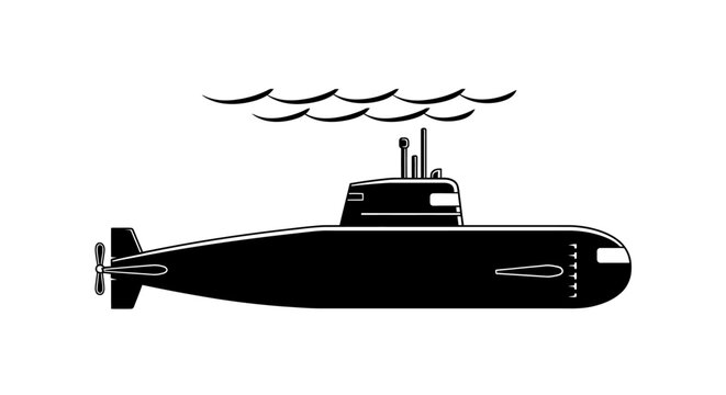 Modern submarine icon with periscope and waves, naval ship illustration.