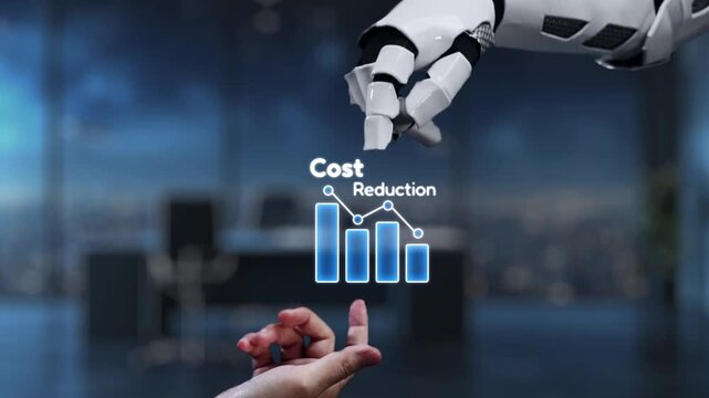 Engage with the synergy of human and robot collaboration, showcasing digital cost reduction insights through interactive charts and graphs in a modern office setting. Auvana