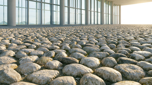 Quaint cobblestone street merging into slick futuristic architecture creates peaceful walk along smooth stone floor under bright sun