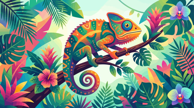 Vibrant chameleon on colorful tropical branch.