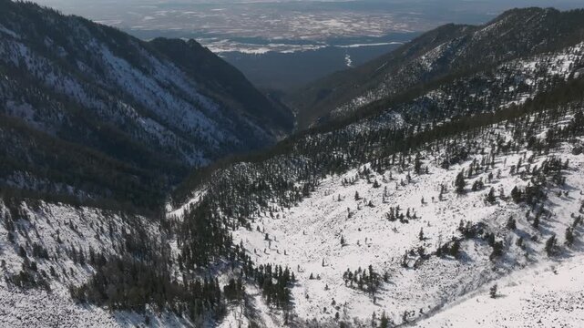 Drone view of a deep winter valley and snow covered taiga on mountain slopes near Arshan village, Republic of Buryatia, Russia, with distant plains in soft light