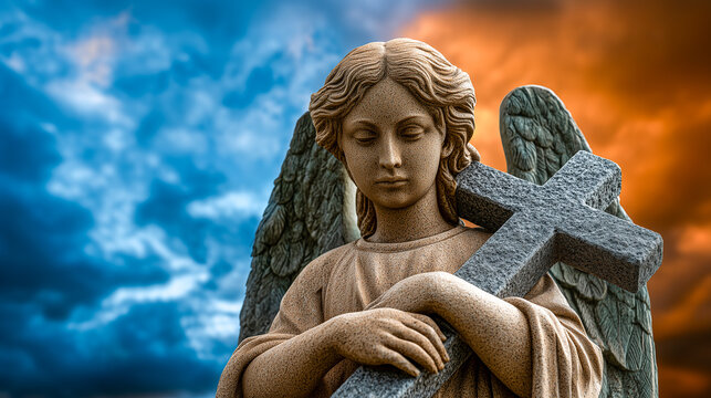 Low-angle shot of a light brown stone angel statue with wings, holding a large stone cross. Set against a dramatic sky transitioning from blue to orange-brown with clouds. Detailed stone texture.