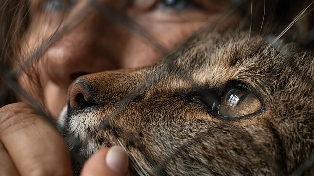 Close-up of tabby cat being held by human hands. Pet care, animal affection, and bonding concept.