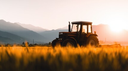 Fototapeta premium A tractor stands in a golden field at sunset, with mountains silhouetted in the background