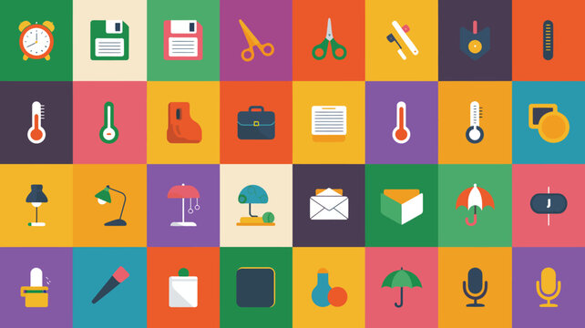 Colorful Flat Design Icons Grid alarm clock floppy disk
