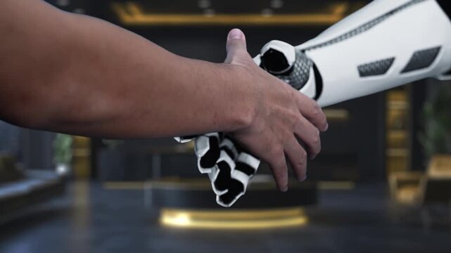 A human hand collaborates with a robotic hand over financial stock market graphics. This video symbolizes the merging of technology and finance, showcasing growth and innovation. Auvana