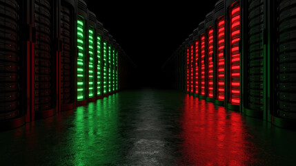 Fototapeta premium Secure indoor server room with computer rack emitting bright green light and red light in dark technology data center with dramatic feeling