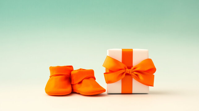 Booties sit beside a small white box with an orange ribbon on display.