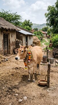 A realistic rural setting with a calm cow decorated modestly for Eid al-Adha, standing in a village yard, earthy tones, high detail, no people visible