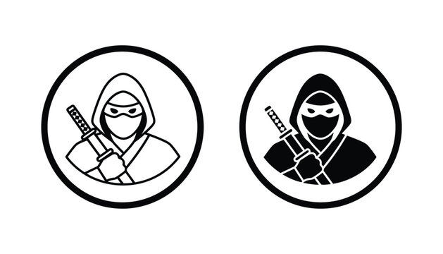 Ninja warrior character icon set in circular frame with katana sword in outline and solid black vector style