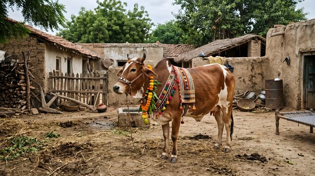 A realistic rural setting with a calm cow decorated modestly for Eid al-Adha, standing in a village yard, earthy tones, high detail, no people visible