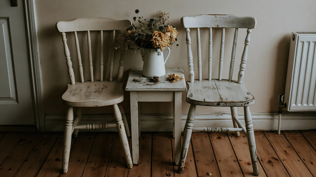 Vintage rustic wooden chair facing opposite direction near small table with dry flower feeling peaceful nostalgic and calm empty room